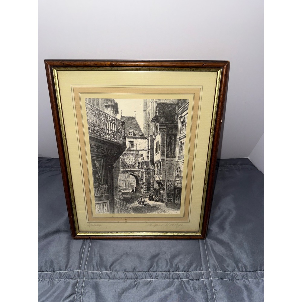 Vintage Rouen Le Gros Horloge Framed Etching Print French Architecture Art